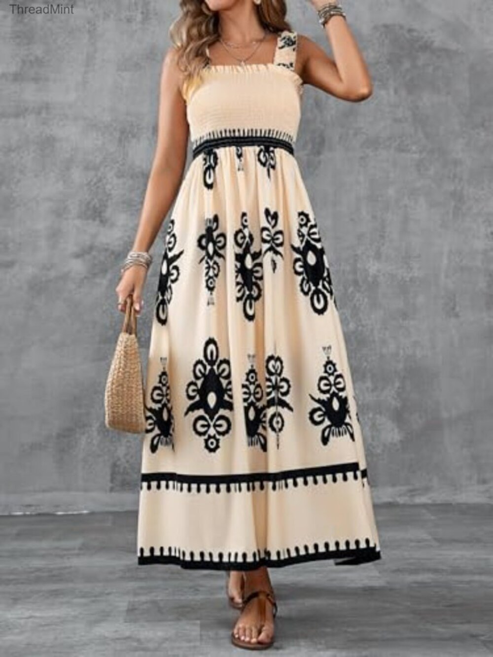 Square Neck Boho Maxi Dress Casual Long Spring Summer Sundress - Picture 2 of 7